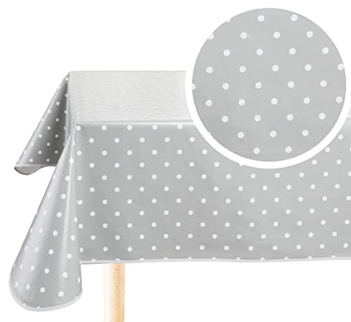 Image of Home Direct Rectangular Oilcloth PVC Wipe Clean Tablecloth Table Cover 140cm x 200cm 55x78 Polka Dot Light Grey, Silver