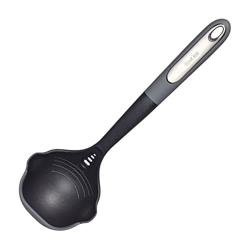 Image of Chef Aid Nylon Ladle Serving Tool with Milliliters Markings, Versatile Serving Tool with Nylon Head and Silicone Edge, Comfort Grip Handle and Hanging Hook, BPA Free and Dishwasher Safe