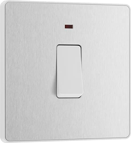 Image of BG Electrical Single Wall Switch with LED Power Indicator, Double Pole, Screwless Front Plate, Round Edges, Evolve, Brushed Steel, 20A, PCDBS31W