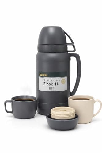 Image of Thermal Flask 1L | Glass Lined Insulated Vacuum Flask with 2 Cups | Keeps Drinks Hot for 12 Hours & Cold for 24 Hours | Ideal for Travel, Work, Camping & Outdoor Use