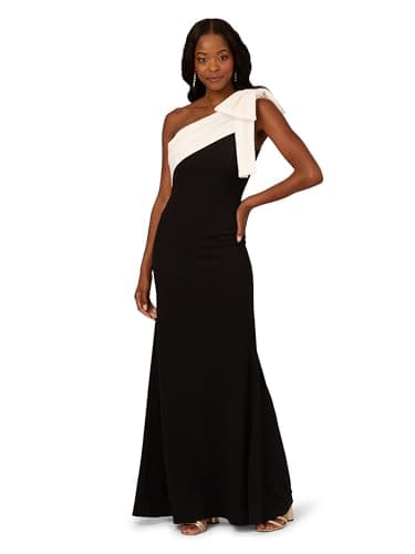Image of Adrianna Papell Women's Color Block Crepe Bow Gown Special Occasion Dress, Black/Ivory, 18