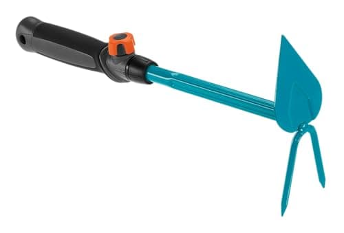 Image of Gardena combisystem Hand Hoe: Two-toothed double hoe for loosening soil, 6 cm working width, heart-shaped blade, ergonomic handle, corrosion protection (8911-20)