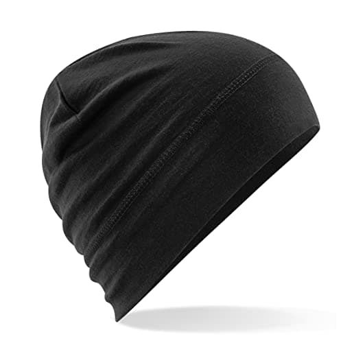 Image of Beechfield - B370 Black Merino Wool Beanie Hat - Unisex Winter Hat, Lightweight Performance and One Size Beenie Hat - Double Layer - Made of 100% Merino Wool