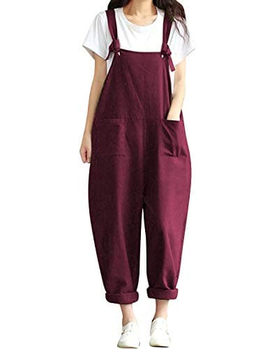 Image of Jacansi Womens Dungarees Jumpsuit Adjustable Straps Baggy Sleeveless Playsuits Dark Red M