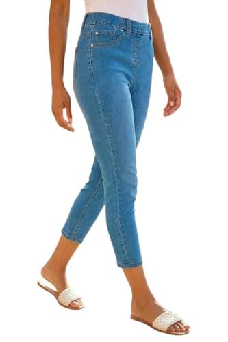 Image of Roman Cropped Jeggings for Women UK Ladies Capri Stretchy Jeans Denim Legging Cotton Summer Trouser Three Quarter 3/4 Length Pull On Cut Off High Waist Smart - Denim Blue - Size 18