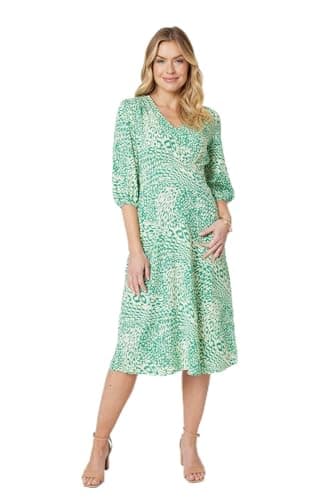 Image of Izabel London Animal Print Slim Fit Midi Dress for Women UK with v-Neck, 3/4 Sleeves and midi Length Hem. Green