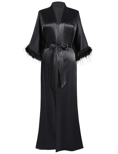 Image of PRODESIGN Satin Kimono Robe Long Silky Bath Robe with Ostrich Feather Trim Sleepwear Wedding Bridesmaid Robe Black