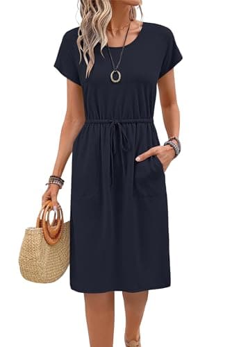 Image of PLOKNRD Women's Summer Dress 2026 Short Sleeve Round Neck Tie Waist Floral Beach Midi Dress with Pockets(Navy Blue,2XL)