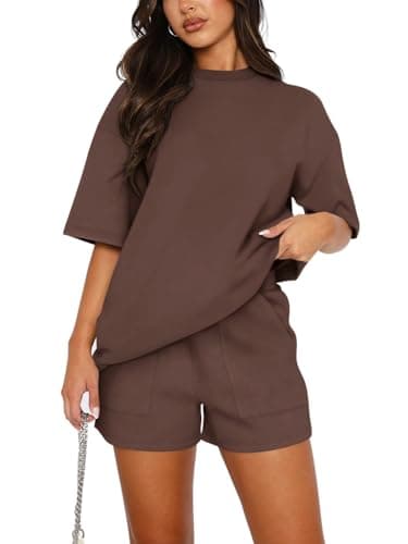 Image of REORIA Women Cotton Short Sleeve Tracksuit Set Crew Neck Solid Color Shirt and Shorts with two Pockets two piece Outfit co ord Sets Coffee L