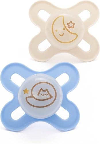 Image of MAM Original Start Night Soothers | 0-2 Months | 2 Pack | Newborn Dummies | Glow in The Dark | Comes in Dummy Steriliser Box | Sustainable Materials | Blue (Designs May Vary)
