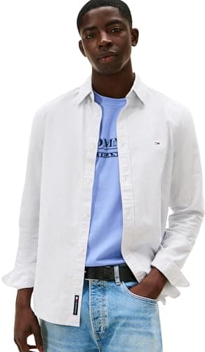 Image of Tommy Jeans Men's TJM Slim Stripe Oxford Shirt EXT DM0DM20668 L/S Shirt, Blue (Nordic Iris/Stripes), XXL