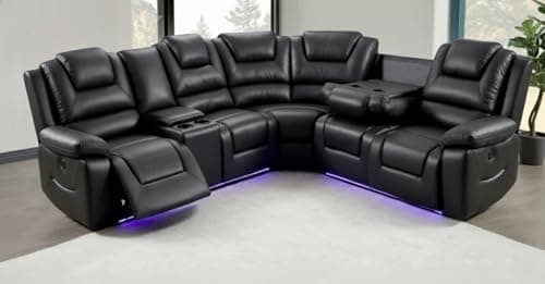 Image of Oxford Leather Electric Recliner Corner Sofa with Cupholders - USB Charging Ports - LED Lights – Leather Corner Sofa (Black)
