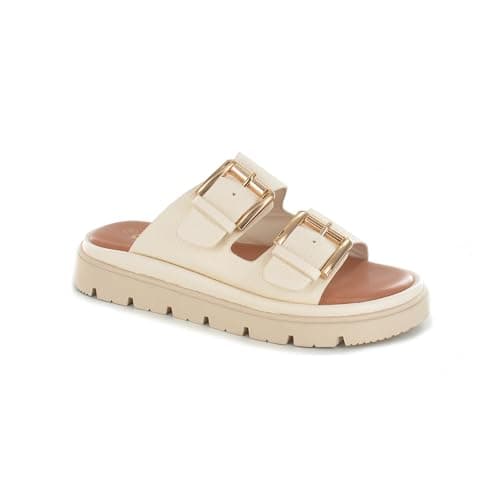 Image of ella Women's Platform Slide Sandals with Dual Buckle Straps, Comfort Memory Foam Footbed, Chunky Lug Sole (Cream, UK Footwear Size System, Adult, Women, Numeric, Medium, 5)