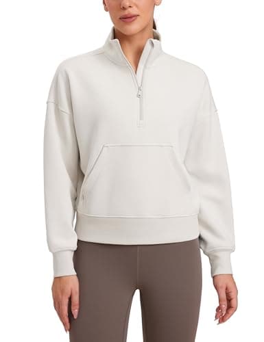 Image of CRZ YOGA Women's SoftAura Half Zip Sweatshirt Long Sleeve Quarter Pullover Tops Workout Casual Funnel Neck Sweatshirts with Pocket Milky White 12