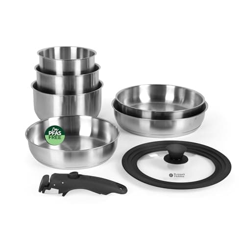 Image of Russell Hobbs 6-Piece Pan Set – 20/24/28 cm Frying Pans, 18/18/20 cm Saucepans with Universal Glass Lid, Stainless Steel, Detachable Clip-On Handle, Stackable, PFAS-/PFOA-Free, Oven Safe up to 200 ºC