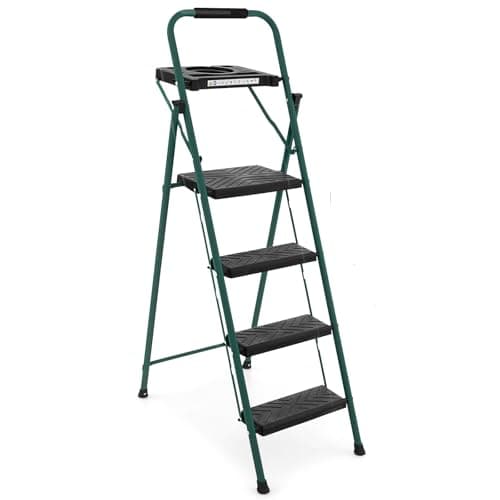 Image of COSTWAY 4 Step Ladder, Folding Anti Slip Stepladder with Tool Tray, Safe Buckle and Padded Handgrip, 150kg Capacity Portable Safety Household Ladder Stool (51 x 79 x 145cm, Black+Green)