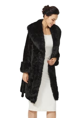 Image of BEAUTELICATE Women’s Faux Fur Lapel Coat Mid-length Belted Lined Overcoat Oversized Loose-fit Fluffy Winter Outerwear With Pockets Hooks Closure Black, L