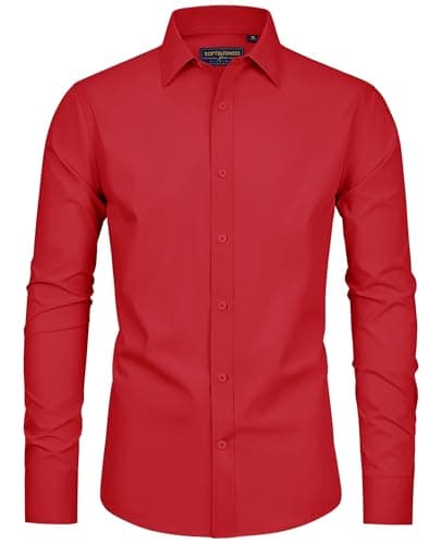 Image of siliteelon Men's Shirt Casual Long Sleeve Red Shirts for Men Adult Work Stretch Iron Free Business Wedding Party Shirts L