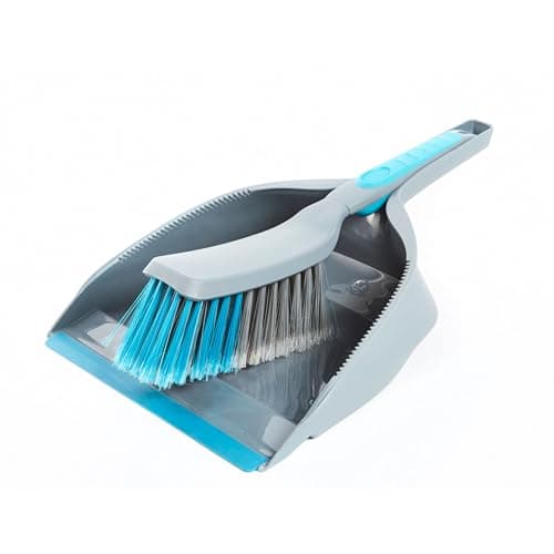 Image of Beldray LA049254 Dustpan and Brush Set, Cleaning Kitchen Floor, Hardwearing and Lightweight, Ergonomic Handle, Soft Bristles, Ideal for All Surfaces, Rubber Lip, Grey/Blue, Plastic, Grey/Blue