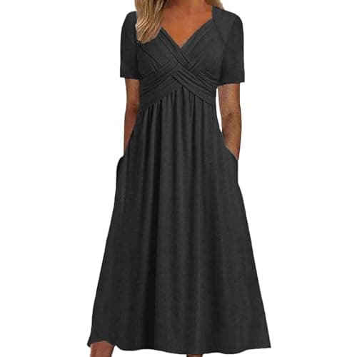 Image of Women's Casual Dresses White Slip Dress Summer Neck Black Long Sun Women with Sleeves Cap Sleeve Puff Clothes Belt Twist Knot Front Formal Lavender for Dress