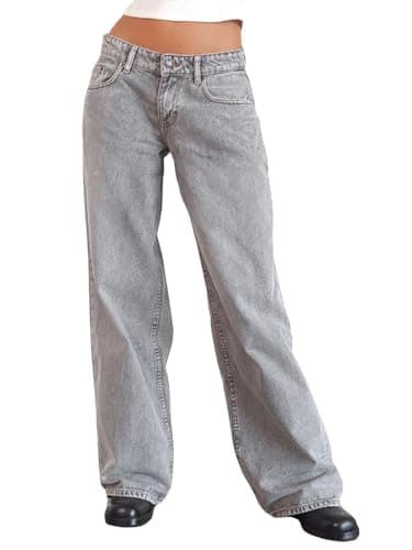 Image of Miolasay Women Low Rise Baggy Jeans Y2K Loose Wide Leg Straight Trousers Boyfriend Vintage Denim Pants Casual Party Streetwear (H-Yellow, M)