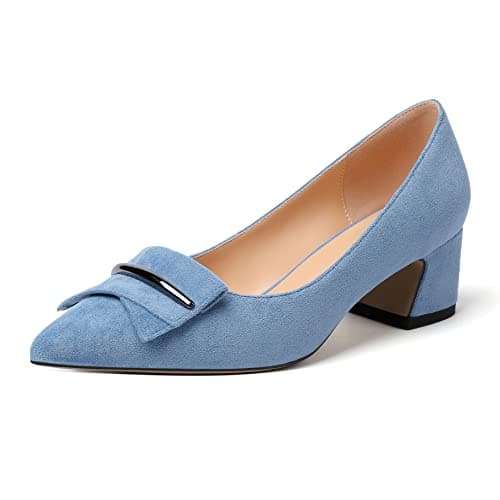 Image of Elashe Women's Pointed Toe Block Heel Pumps Slip on Low Heel Court Shoes Classic 2'' Block Heeled Shoes Suede Light Blue EU43