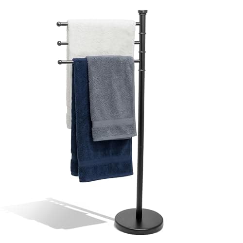 Image of Crystals Freestanding Towel Rack 87cm Stainless Steel Stand with 3 Swivel Arms & Weighted Base – Space Saving Bathroom Towel Holder, Rust Resistant, Modern Design for Home & Guest Use (Black)