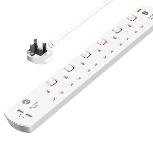 Image of SLx Extension Lead 1m 6 Way Gang Switched Surge Protected Power Strip with 2 USB A Ports & LED Indicator 13A UK Plug & 3 Pin Sockets Wall Mountable Extension Cord for Home, Office or Garage White
