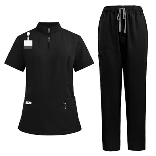 Image of Meichoon Women's Medical Care Uniform Stand-up Zipper Top with Four Pockets Stretchy Yoga Pants Sweat Absorbent and Quick Drying DK50Black M