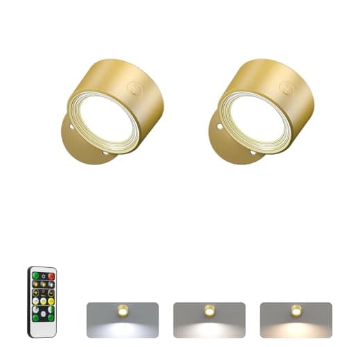 Image of LED Wall Reading Lights with Remote, 2 Pcs Rechargeable Wall Mounted Reading Sconces Lamp 3000mAh, 3 Colors & Dimmable Magnetic 360° Rotation Wall Lighting Spotlights for Bedroom Bedside, Gold