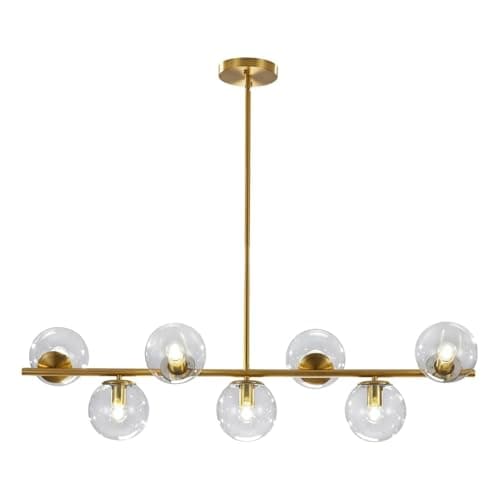 Image of KCO Lighting 7-Light Clear Glass Globe Sputnik Chandelier Lighting Mid Century Modern Pendant Hanging Light Ceiling Gold Brass Chandeliers for Kitchen Island Dining Living Room