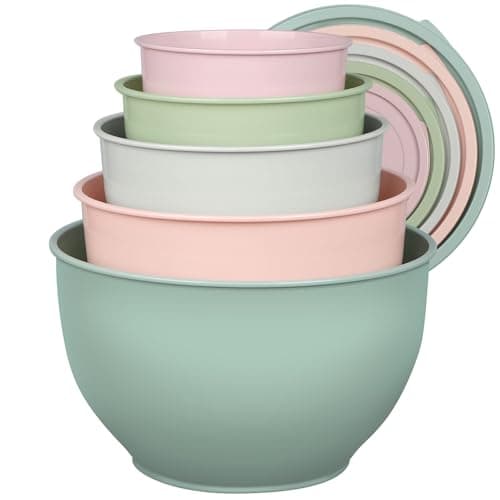 Image of Greentainer Plastic Mixing Bowls Set with Lids, Nesting Bowls for Prepping, Serving, Cooking & Baking, Large Mixing Salad Bowl for Kitchen Storage, Dishwasher & Microwave Safe, Set of 5 (Gray&Pink)