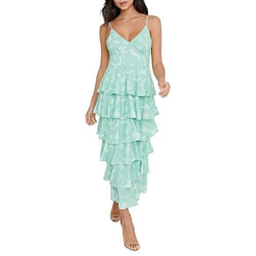 Image of Women V-Neck Floral Print Long Dress Ruffle Tiered Layered Flowy Swing Long Midi Dress Sleeveless Boho Cami Beach Party Dress (Green, L)