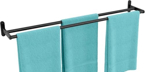 Image of YUMORE Double Towel Rail Wall Mounted 80CM Bathroom Towels Holder Stainless Steel Dual Rod Long Bath Sheet Bar Rack for Bathroom Toilet Kitchen, Black