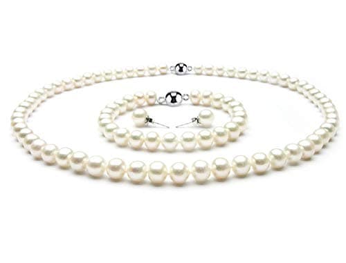 Image of Treasure Bay Elegant 7-8mm Natural White Freshwater Pearl Necklace Bracelet and Earrings Women's Pearl Jewellery Set (62, Centimetres)