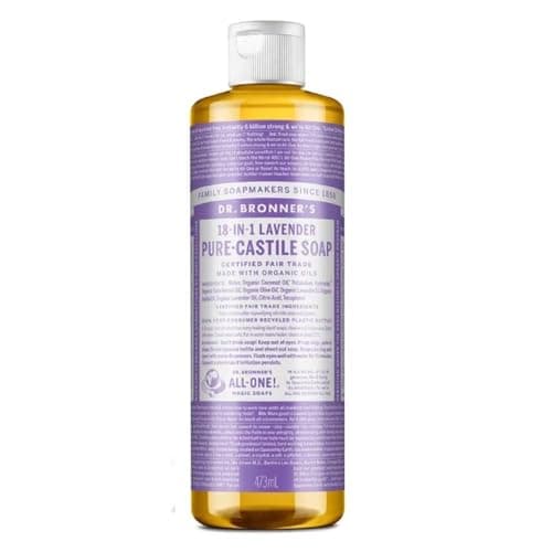 Image of Dr Bronner's 18-in-1 Lavender Pure-Castile Liquid Soap, Made with Organic Oils, Used for Face, Body, Hair, Dishes, Mopping and Pets, Certified Fair Trade & Vegan Friendly, 475ml Recycled Bottle