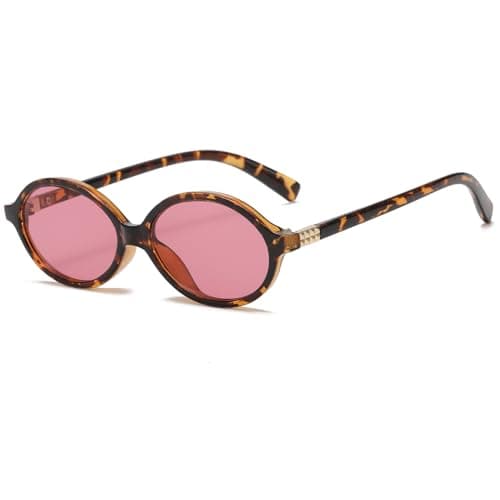 Image of Long Keeper Vintage Small Oval Sunglasses Narrow 90s Sunglasses for Women Men Slim Round Oval Sun Glasses Trendy Retro Shades UV400 Protection (Tortoiseshell Frame - Rose Red Lens)