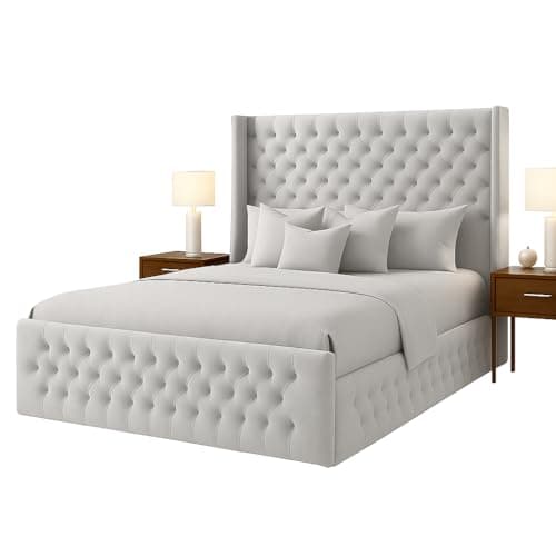 Image of Atomic Sleep Luxury Chesterfield Wingback Bed Frame - Upholstered in Plush Velvet Fabric with Mattress/Gas Lift Option - UK Made (Silver Plush, Double 4ft6 with gas lift storage)
