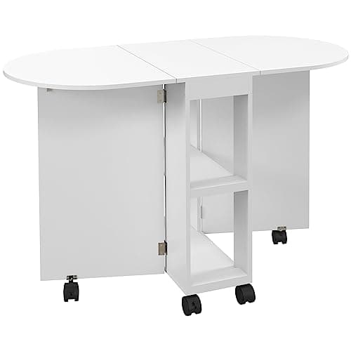 Image of HOMCOM Mobile Folding Dining Table, Drop Leaf Table for Small Spaces with 2-tier Shelves, Small Kitchen Table With 6 Wheels, White