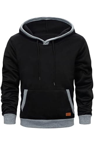 Image of Mens Hoodies Pullover Hooded Sweatshirt Casual Work Hoodie Long Sleeve Patchwork Warm Top with Pockets Black XXL