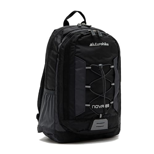 Image of Eurohike Nova 25 Litre Daysack with Ventilated Back Panel, Lightweight, Packable, Adjustable 25L Daypack, Backpack, Rucksack, Bag for Men Women & Kids, School, Commuting, Camping, Hiking (Black)