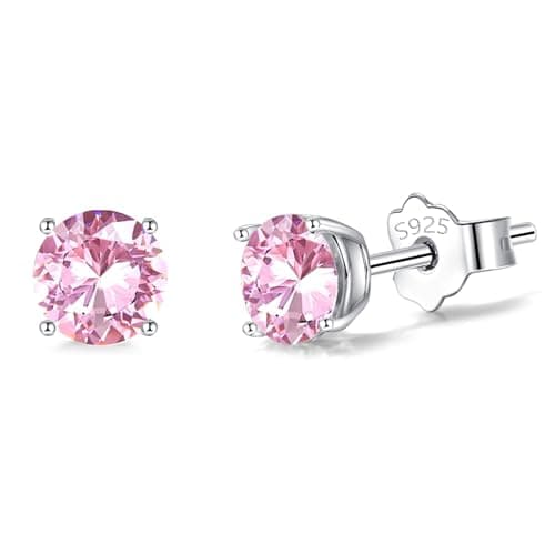 Image of Silver Stud Earrings for Women Girls, Sterling Silver Pink Cubic Zirconia Small Stud Earrings Hypoallergenic Faux Round Diamond Studs Sleeper Earrings for Her Birthday Christmas Gifts, 6mm