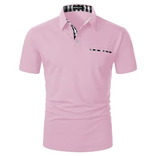 Image of APAELEA Polos Men Short Sleeve Summer Casual Contrasting Golf Tops Rugby T-Shirt,Pink,L