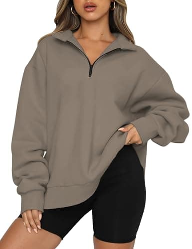 Image of Famulily Women's Relax Fit Pullover Sweatshirt Solid Color Zip Up Fleece Sweaters Jackets Coffee XL