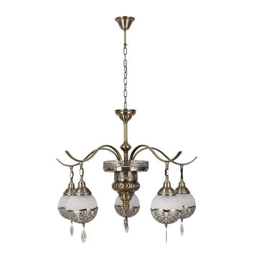 Image of TEKLED Moroccan 5-Light Chandelier, Antique Brass Ornate Multi-Light Pendant for Dining Room & Living Room, Adjustable Chain E27 Ceiling Fixture