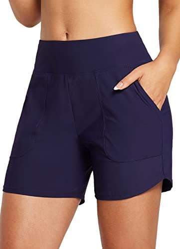 Image of baleaf Swim Shorts Women 5" High Waisted Swimming Custome Bottoms Tummy Control Swimsuits Board Beach Shorts Dark Blue L