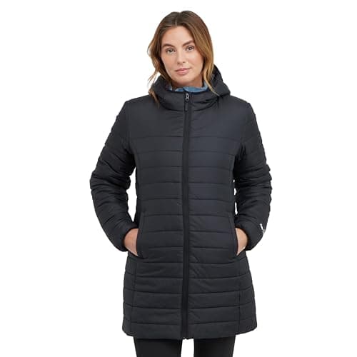 Image of Peter Storm Women’s Blisco II Longline Jacket with Hood & 2 Pockets, Lightweight, Water Repellent & Insulated Winter Padded Puffer Coat (UK, Numeric, 18, Regular, Regular, Solid Black)