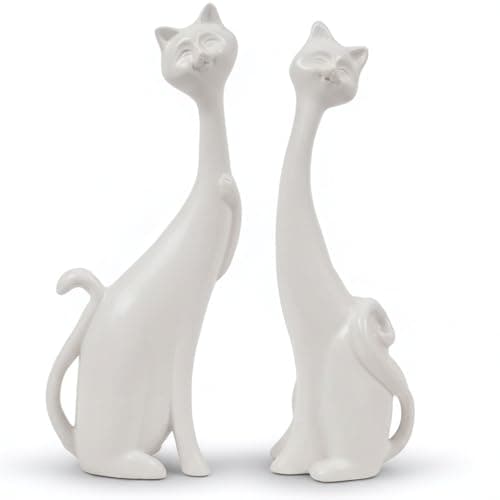 Image of Abstract White Cat Figurines Set of 2, Premium Resin Cat Figurines, Minimalist Modern Abstract Cat Statues for Bookshelf Decor, Aesthetic Birthday Wedding Present for Cat Lovers (2 Figurines/White)
