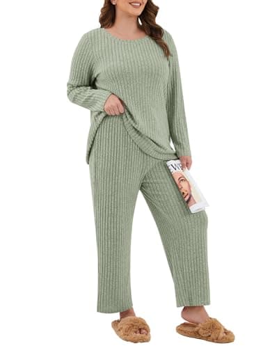 Image of TIANZHU Plus Size Women's Pajamas Set Loungewear 2-Piece Ribbed Pyjama Set with Wide Leg Trousers & Pockets, Army green, Size 30-32