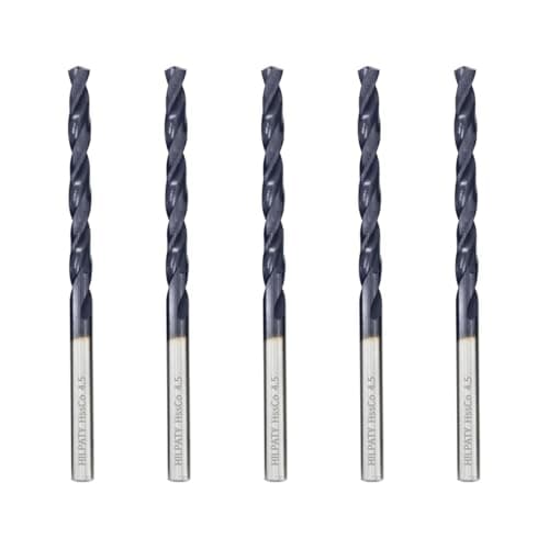 Image of Hilpaty Cobalt Drill Bits 4.5mm x 5pcs M35 HSS Drill Bit for Metal, AlTiN Coating, Standard DIN 338 (4.5mm x 80mm x 5pcs)